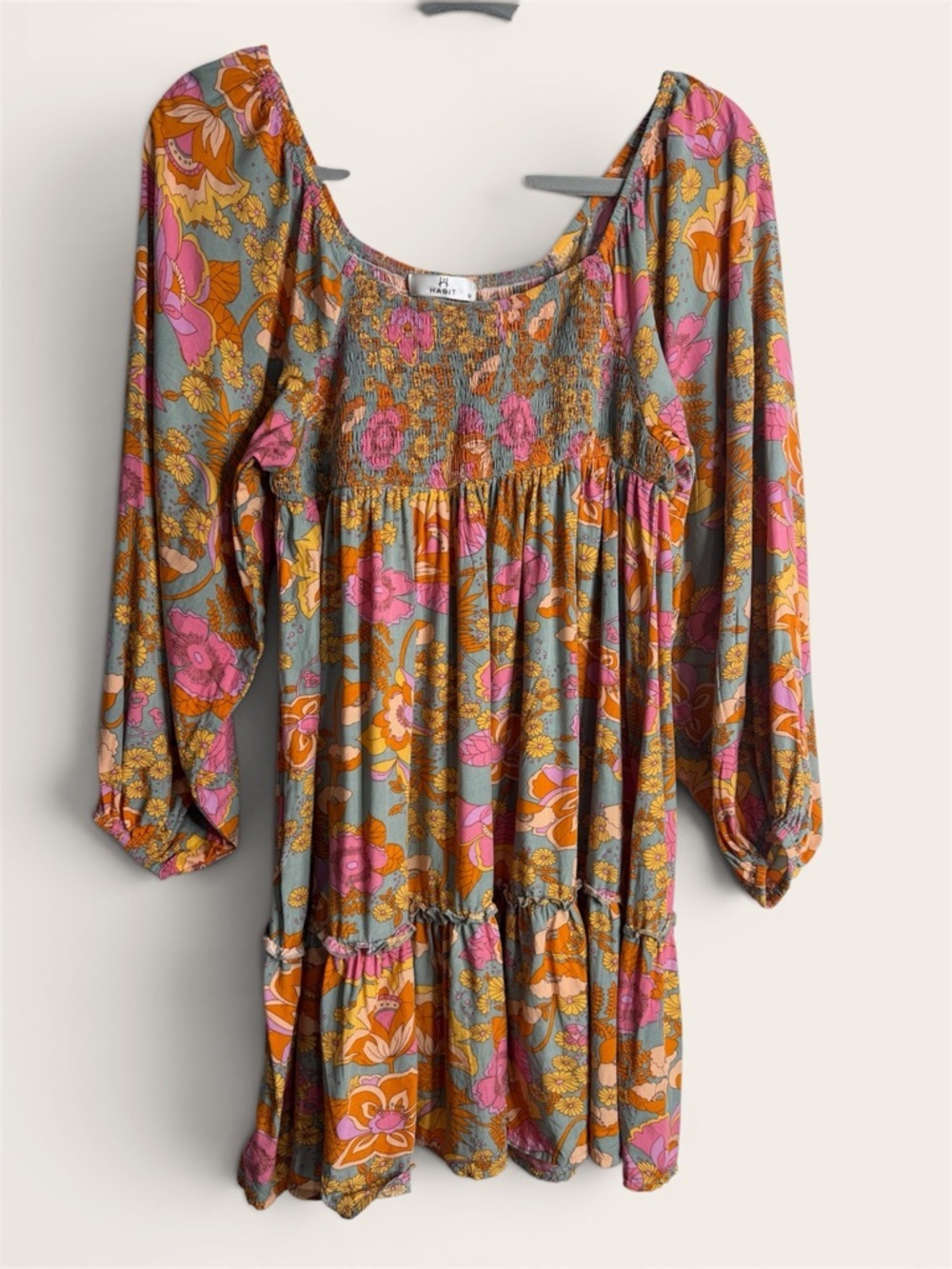 Habit Floral Boho Mini Dress Smocked Peasant Long Sleeve Pink Orange Size M - Picture 3 of 8